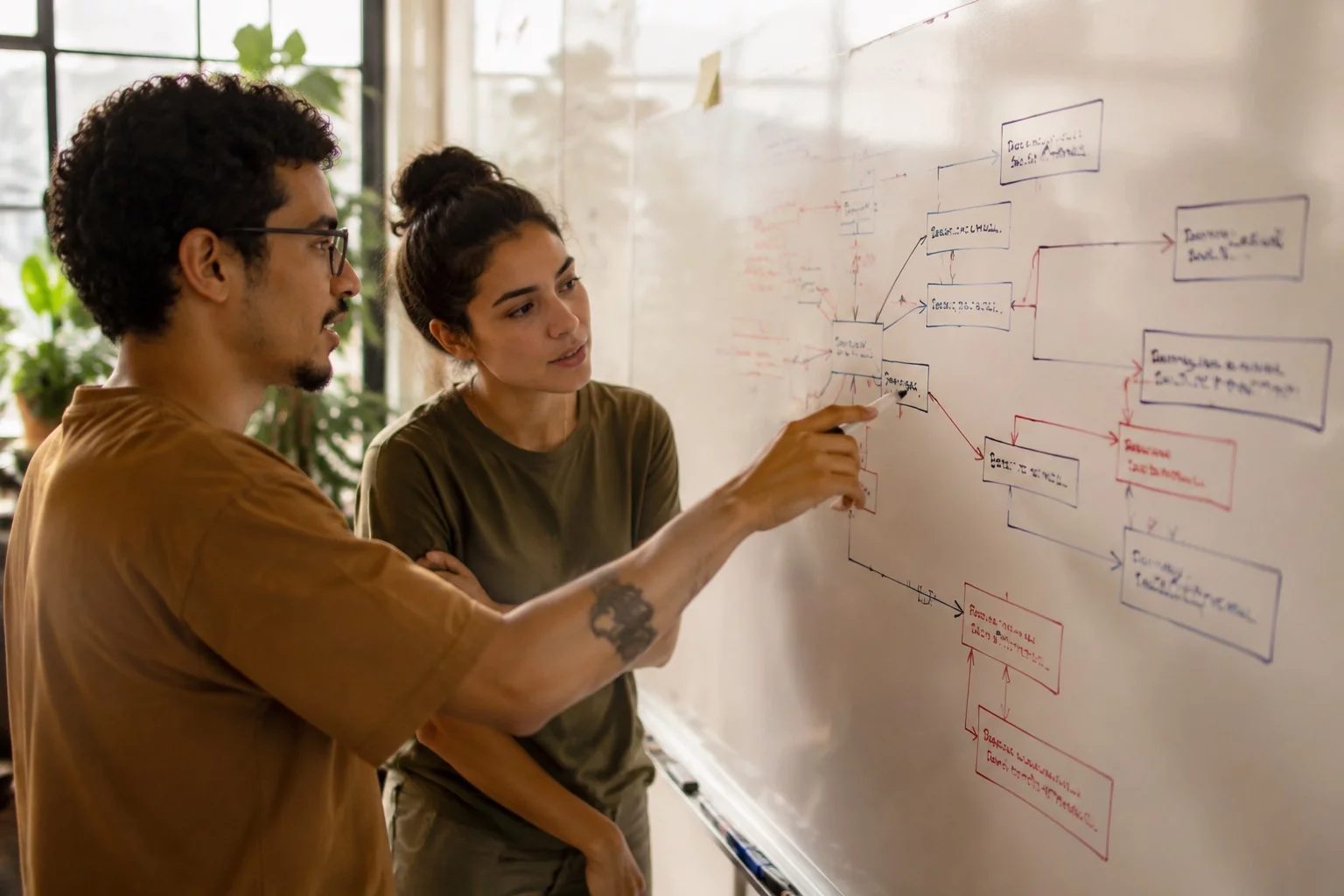 Duas pessoas diante de um quadro branco com um mapa de argumento desenhado à mão