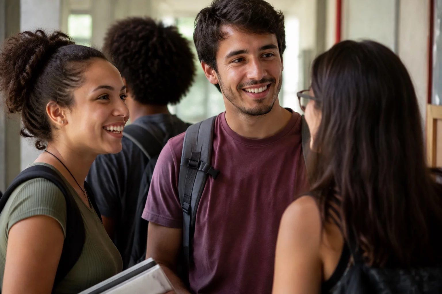 Estudantes com mochilas conversando no corredor de uma universidade