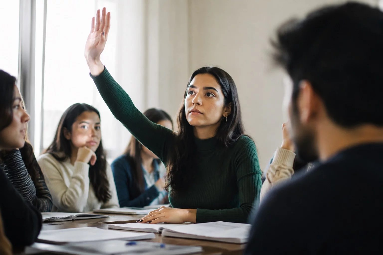 Estudante levantando a mão em uma mesa de seminário coberta de anotações