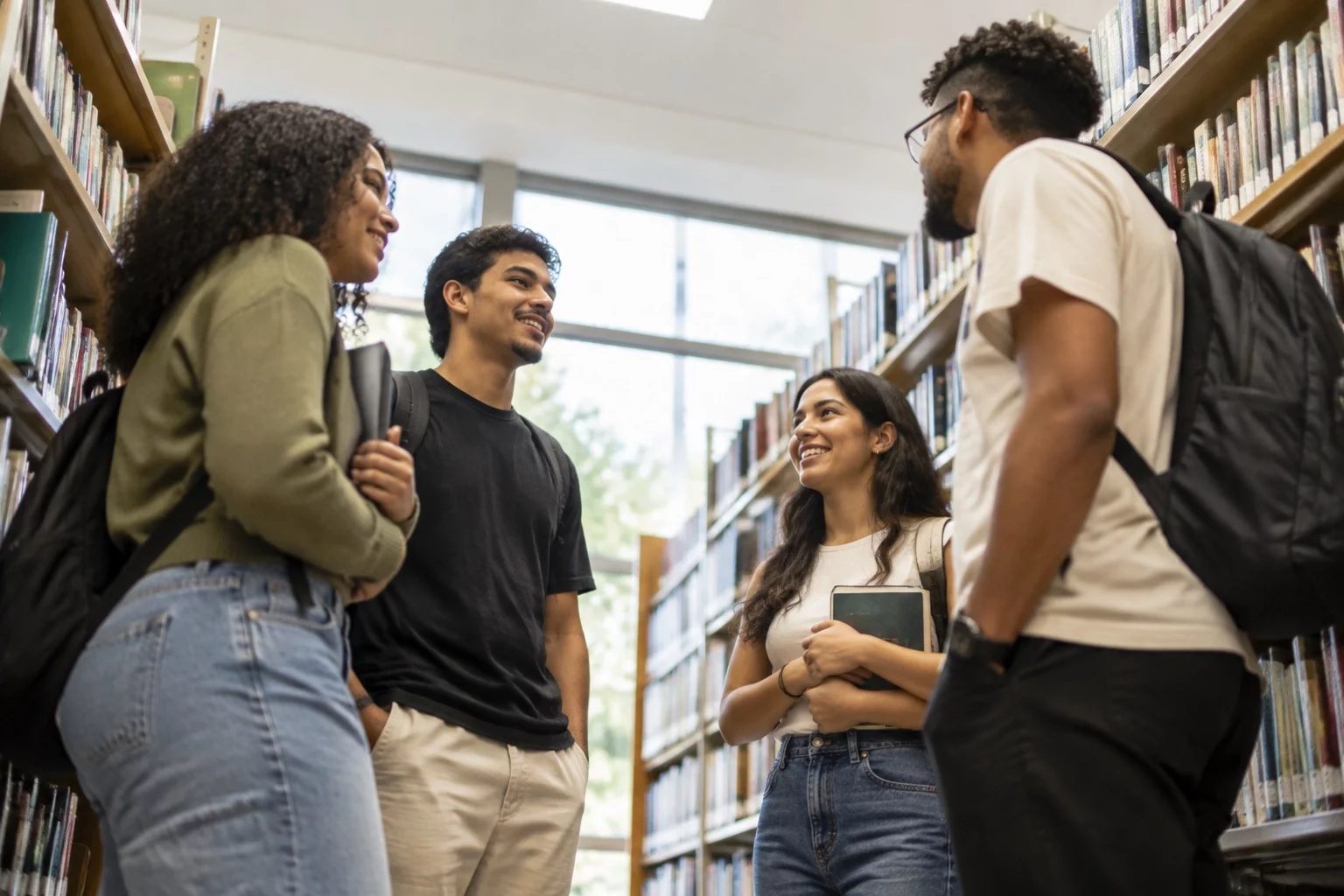 Estudantes conversando em pé entre as estantes de uma biblioteca