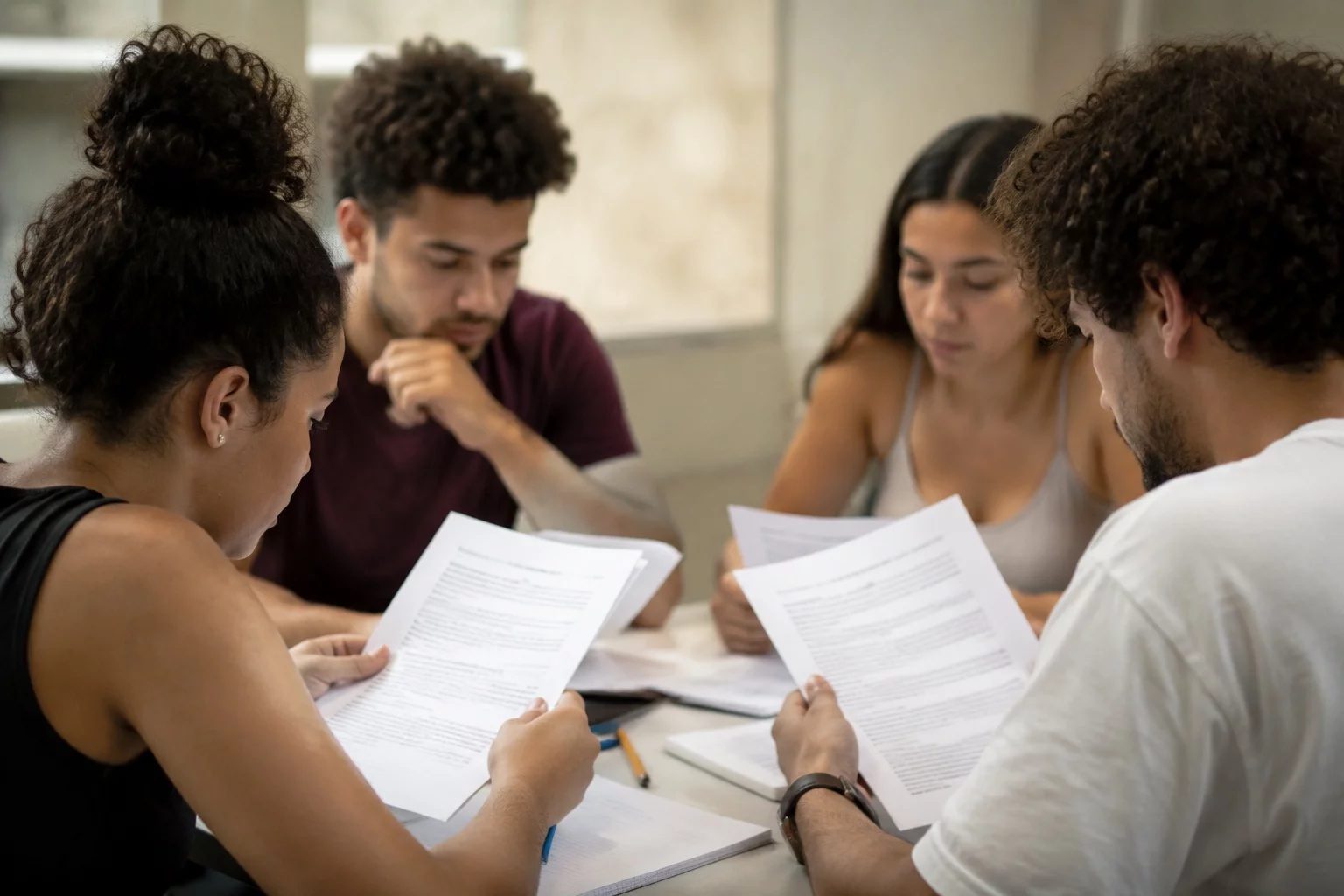 Grupo pequeno lendo páginas impressas de argumentos ao redor de uma mesa