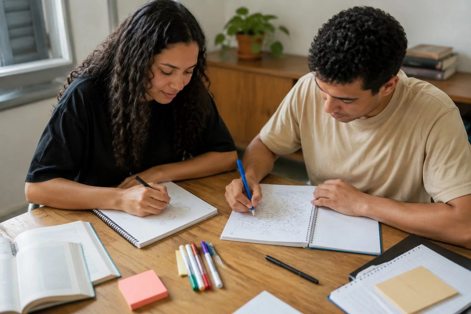 Dois estudantes preparando um debate com cadernos e marcadores
