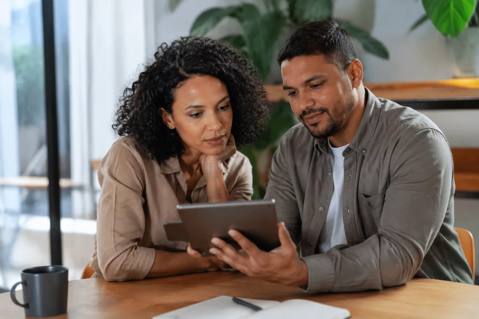 Duas pessoas revisando anotações em um tablet sobre uma mesa de madeira