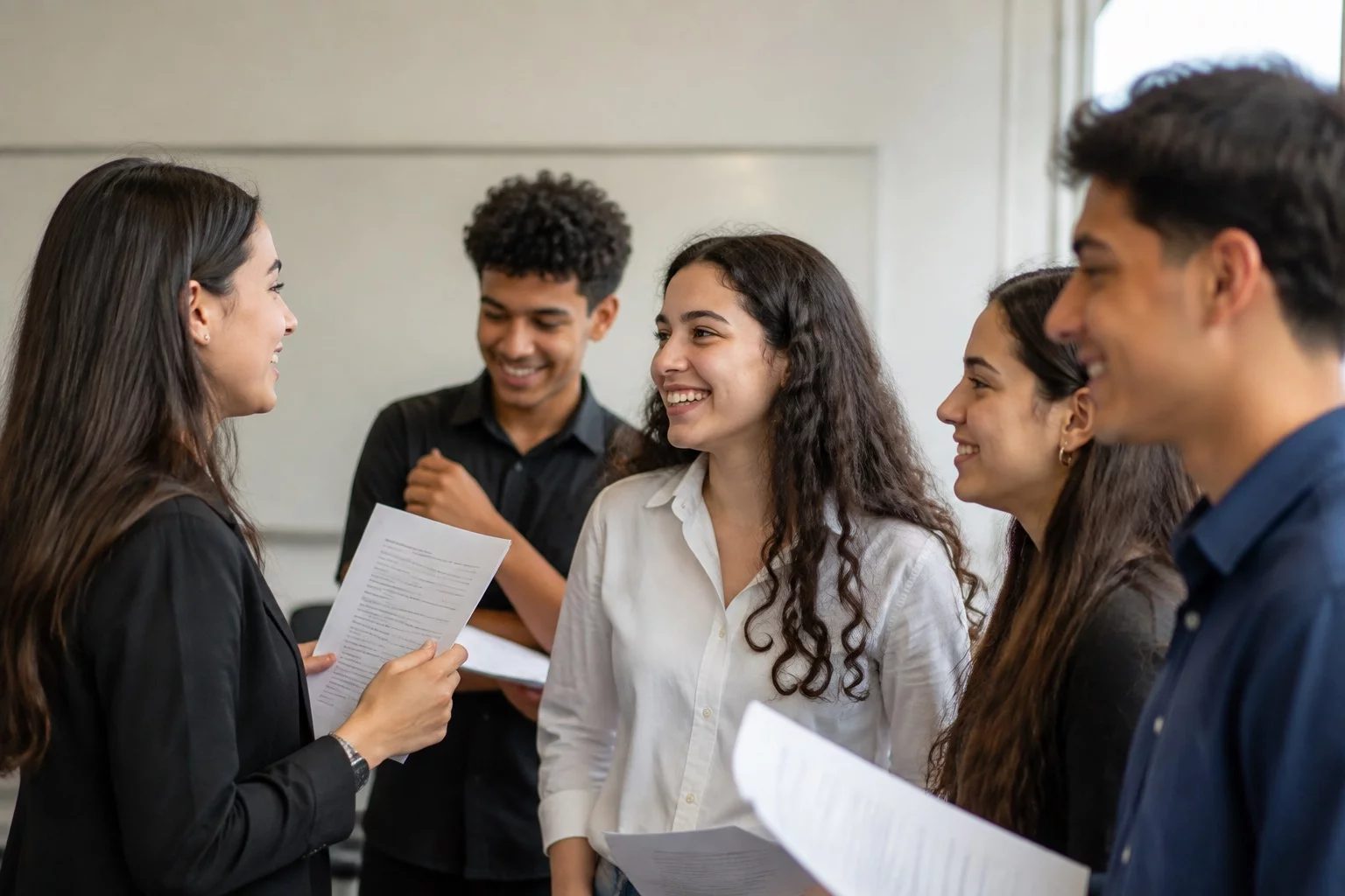 Grupo sorrindo após uma rodada de debate, com papéis nas mãos